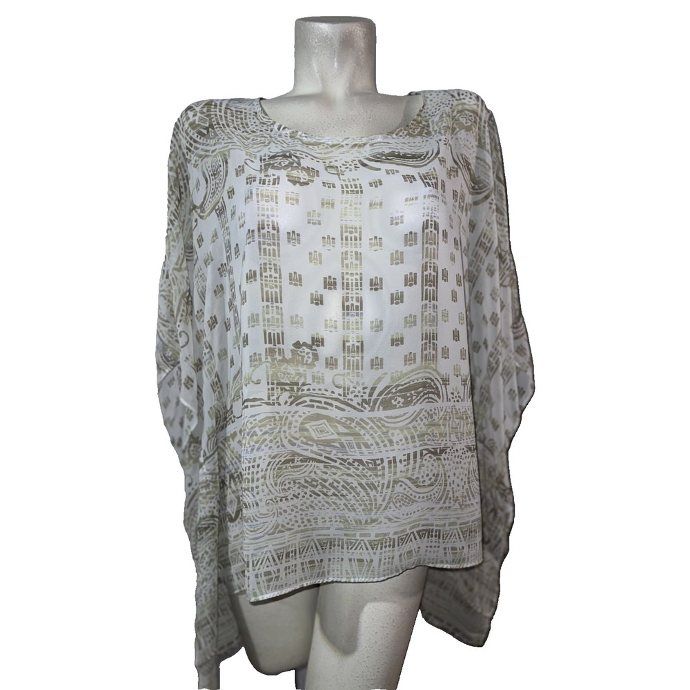 Travelers Collection by Chicos Womens L/XL Tan White Geometric Poncho Kaftan Top